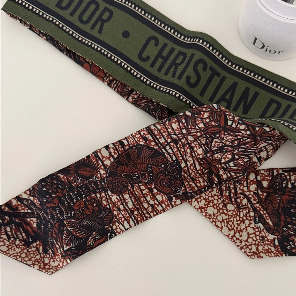Dior Olive and Burgundy Twilly Scarf